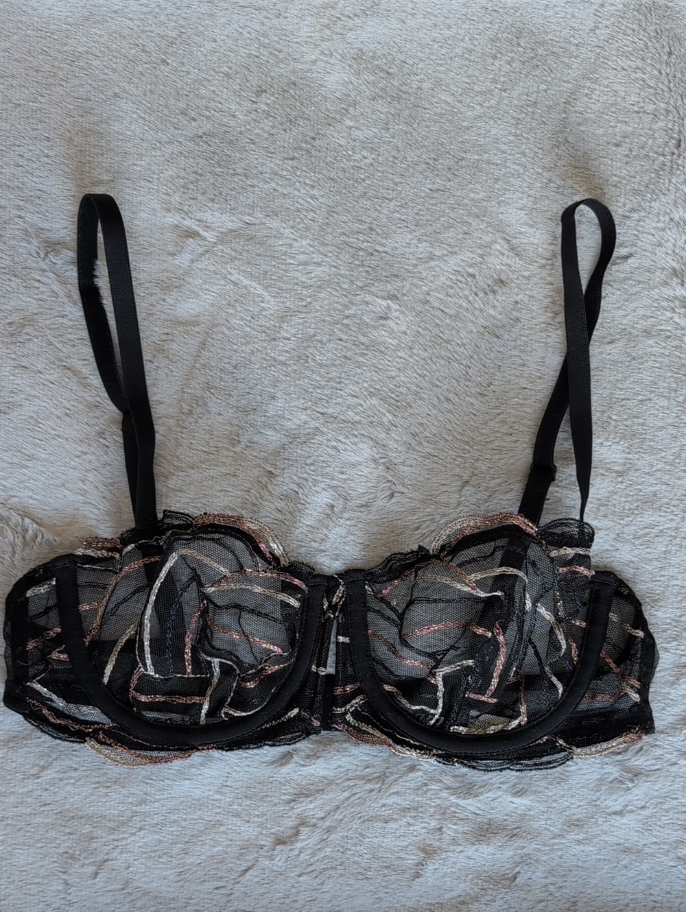 Black Sheer Lace Underwire Bra with Metallic Embroidery